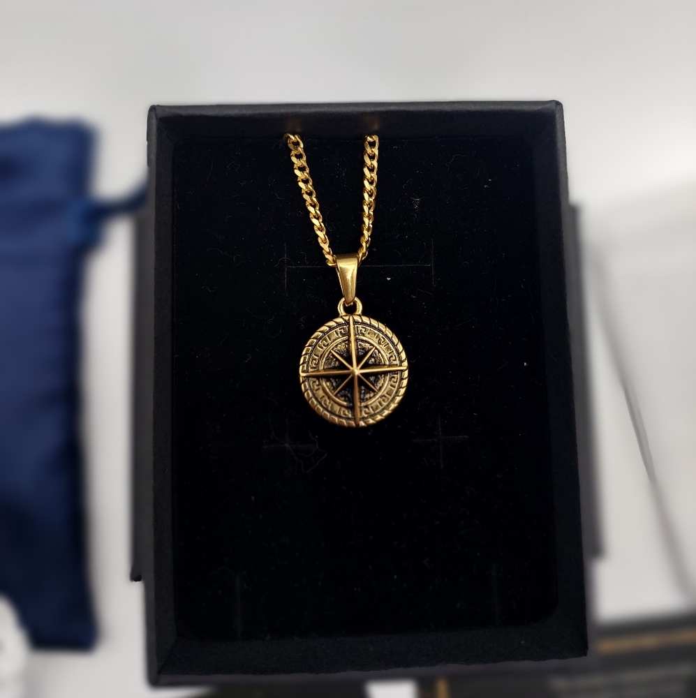 18K Gold and Black Compass Necklace Pendant with Miami Cuban Link Chain